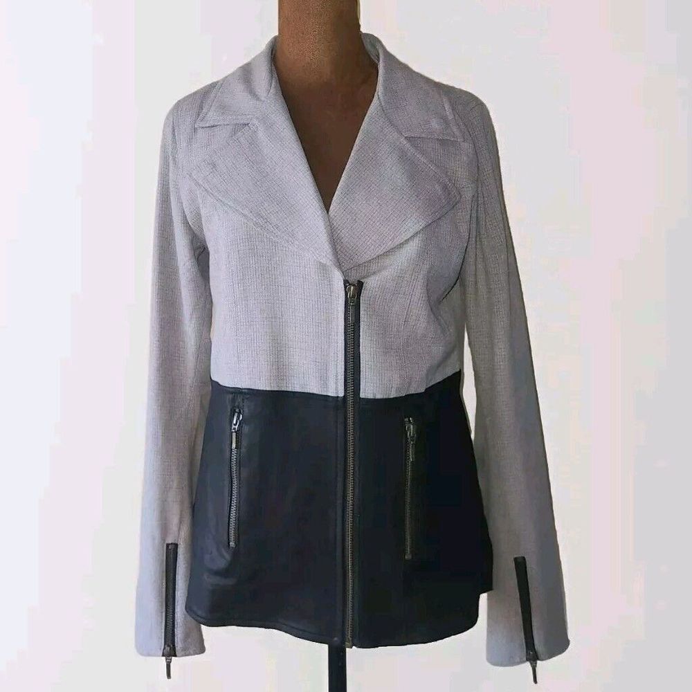 Black and Gray Blazer with Asymmetrical Zipper and Notched Lapels